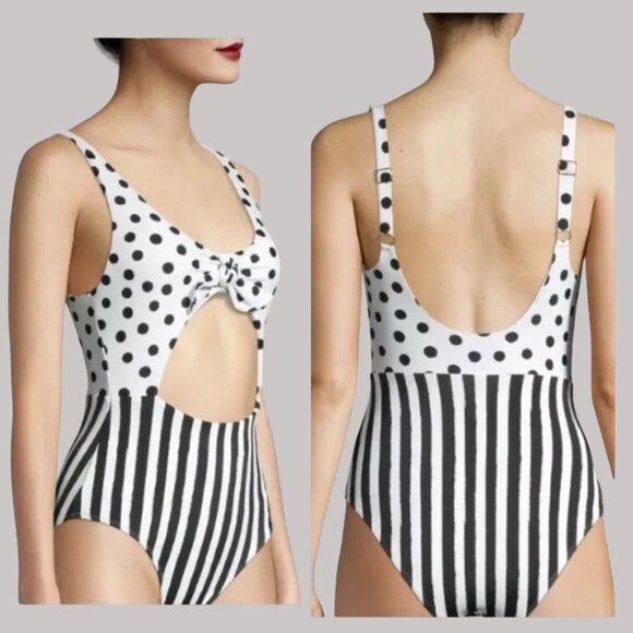 NoBo One Piece Swimsuit Womens Size Small Black White Polka Dot Stripe Adj Strap - Picture 1 of 16